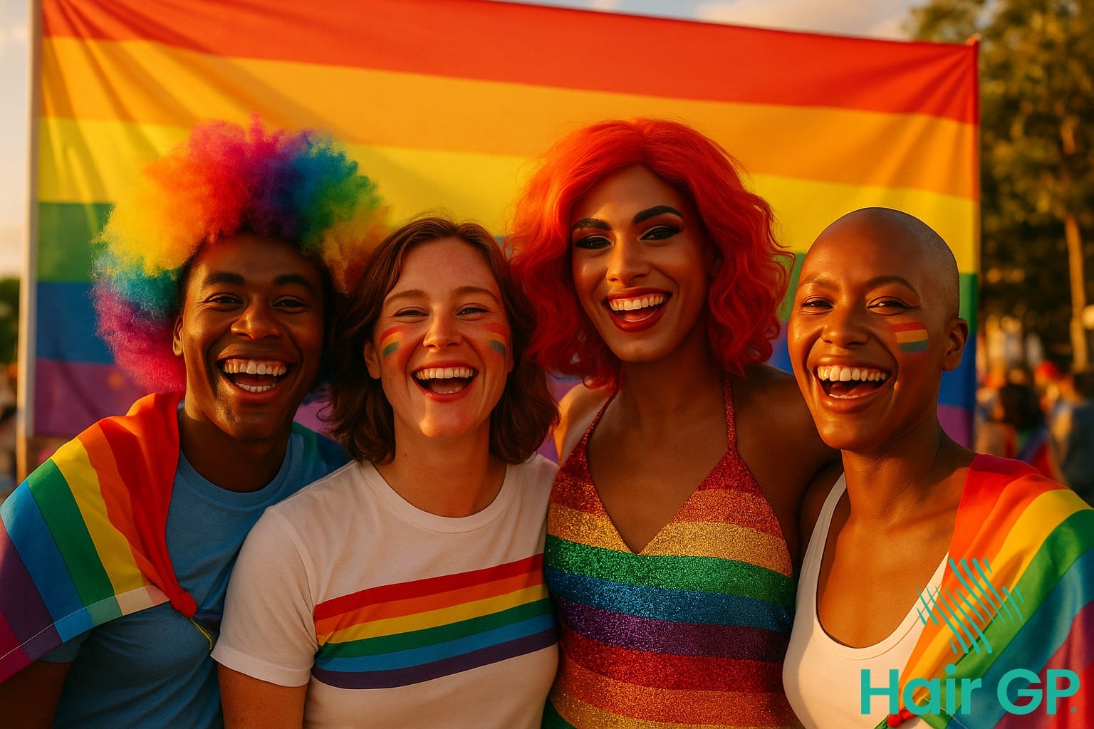 Diverse group celebrating authentic hair journeys at Pride