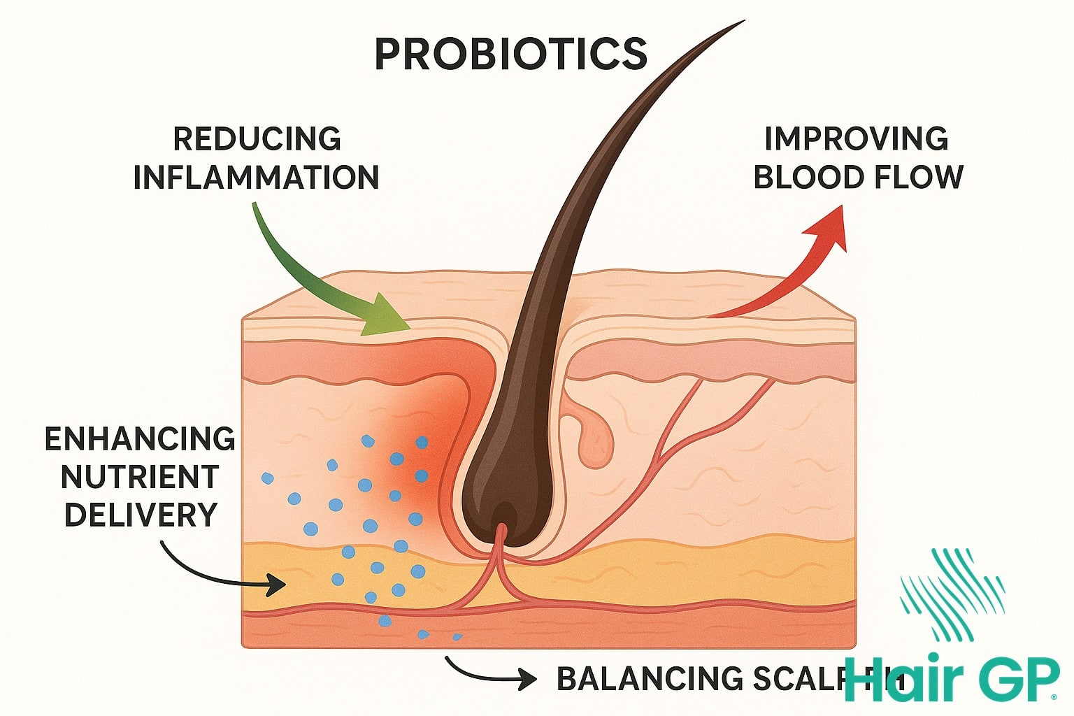 Diagram showing how probiotics affect hair follicle health and growth