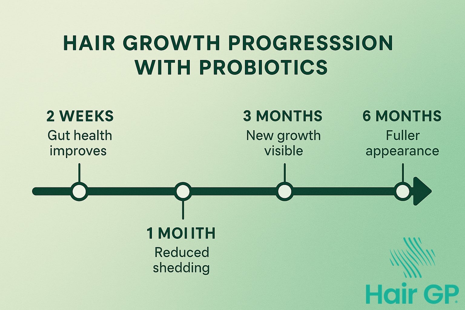 Timeline showing expected hair growth results from probiotic use over 6 months