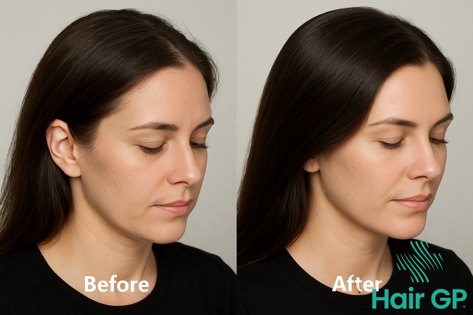 Before and after photos showing hair improvement from probiotic use