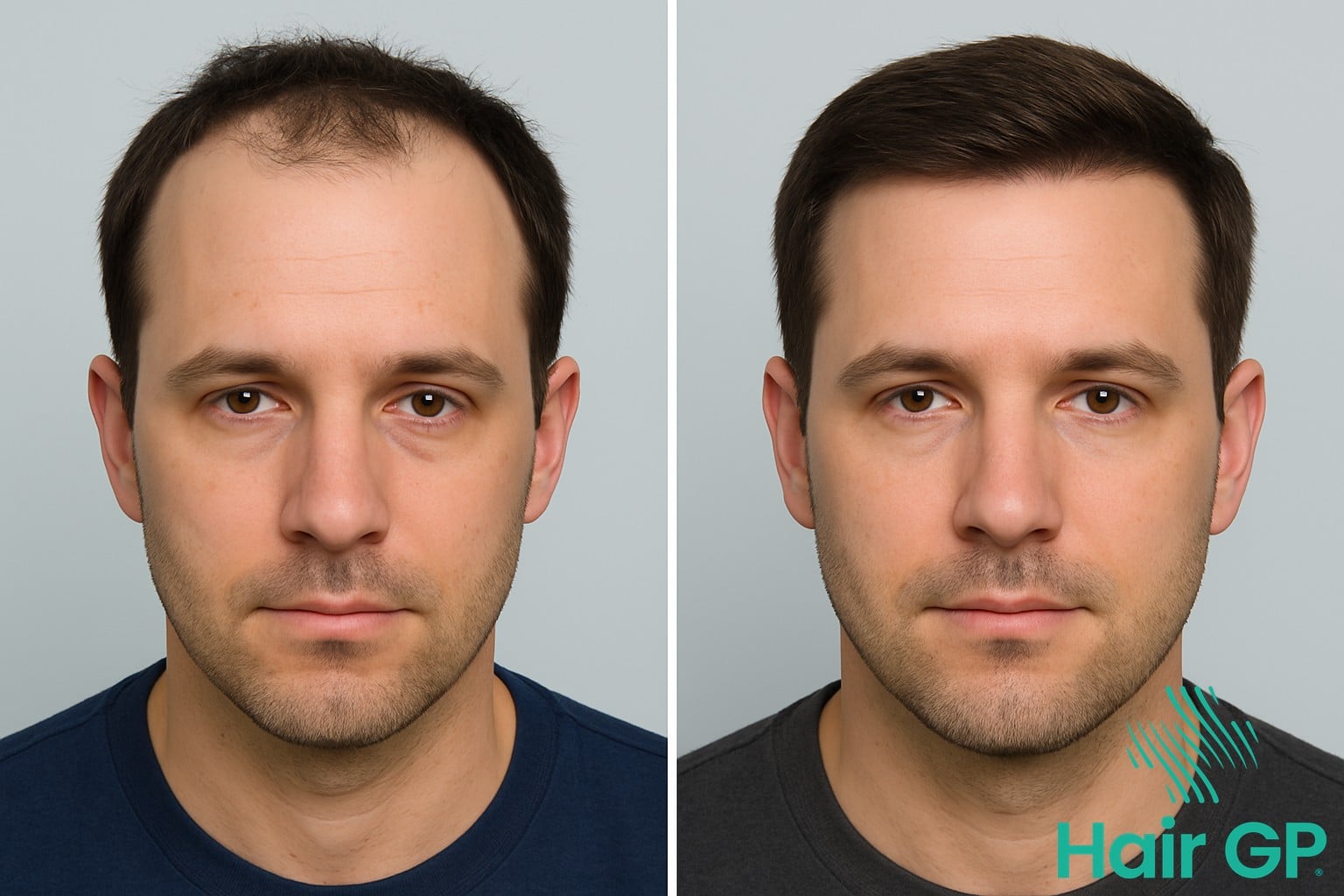 Before and after photos showing hair restoration results from PRP and finasteride combination therapy
