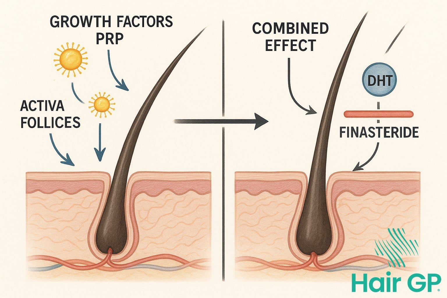 Medical diagram showing how PRP and finasteride work together to combat hair loss