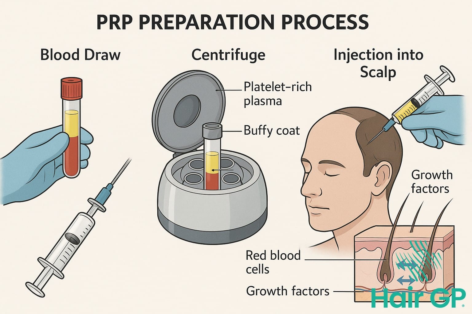 Diagram showing PRP therapy process for hair restoration from blood draw to scalp injection