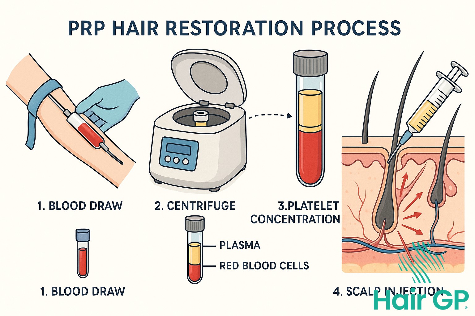 PRP hair restoration process diagram showing blood draw, centrifuge, and scalp injection steps