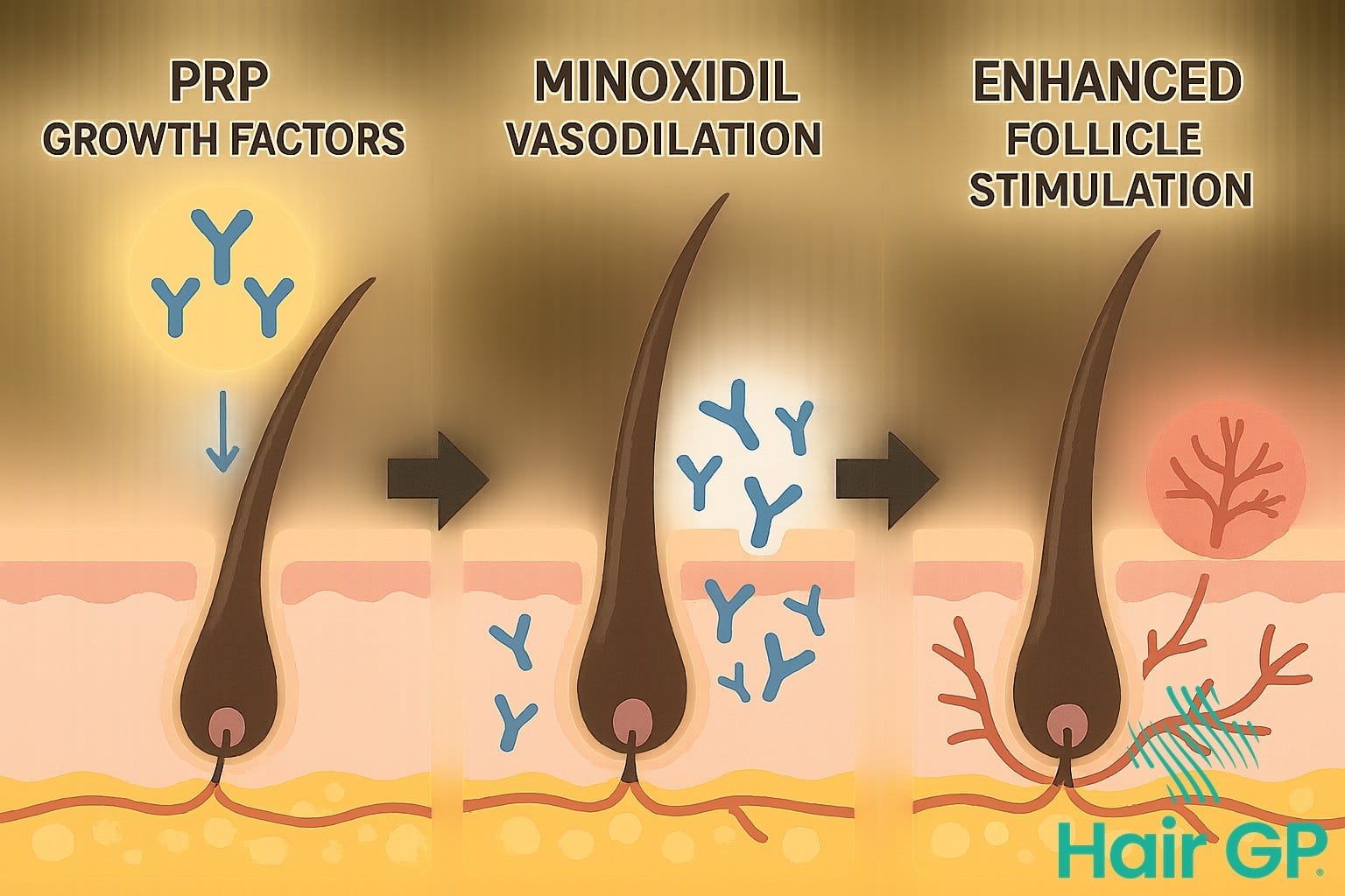Infographic showing how PRP and Minoxidil work together for enhanced hair growth