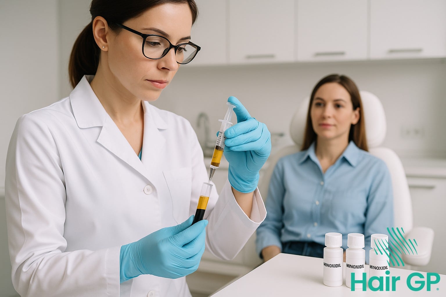 Hair specialist preparing PRP treatment with minoxidil for combination therapy