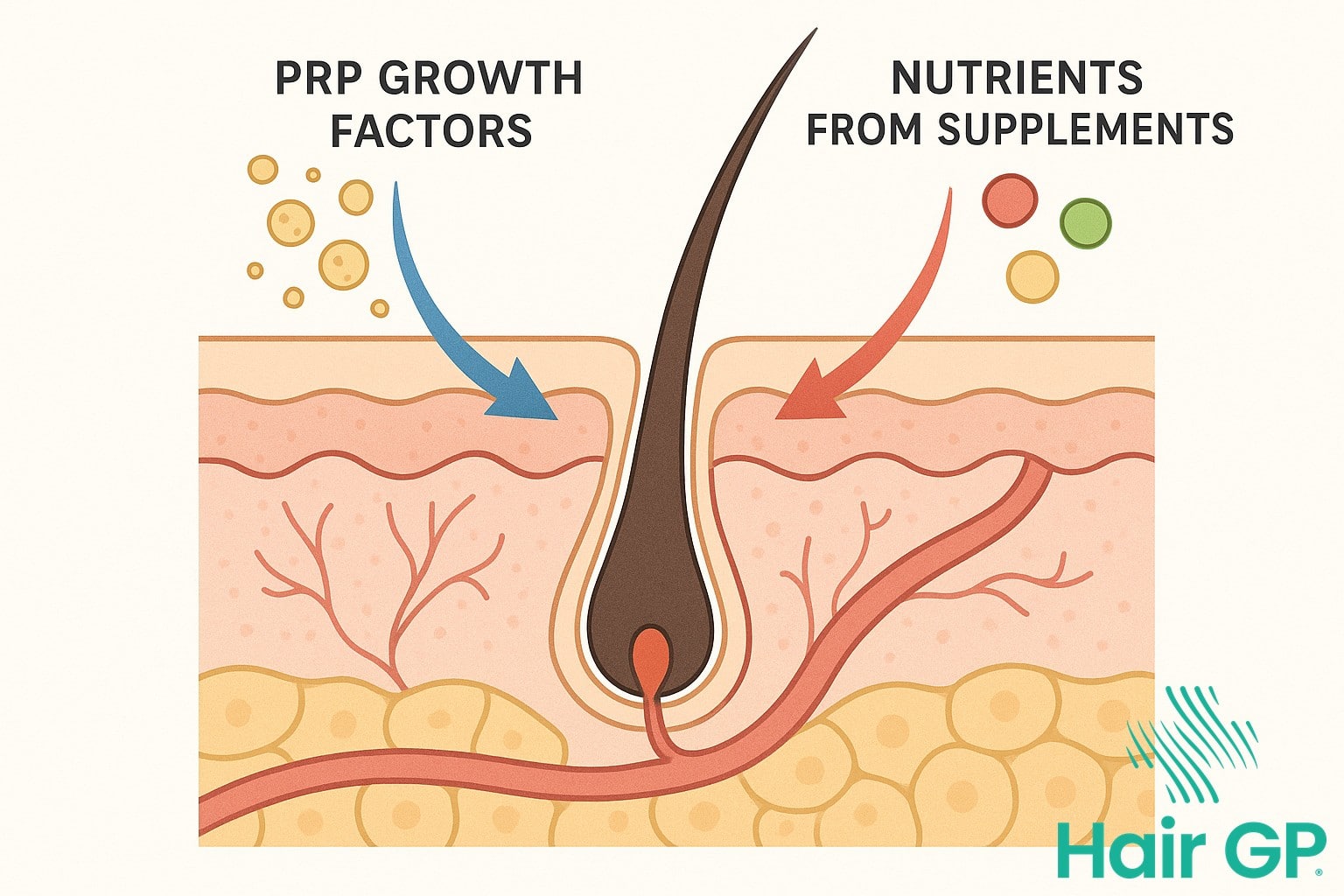 Diagram showing how PRP and supplements work together on hair follicles