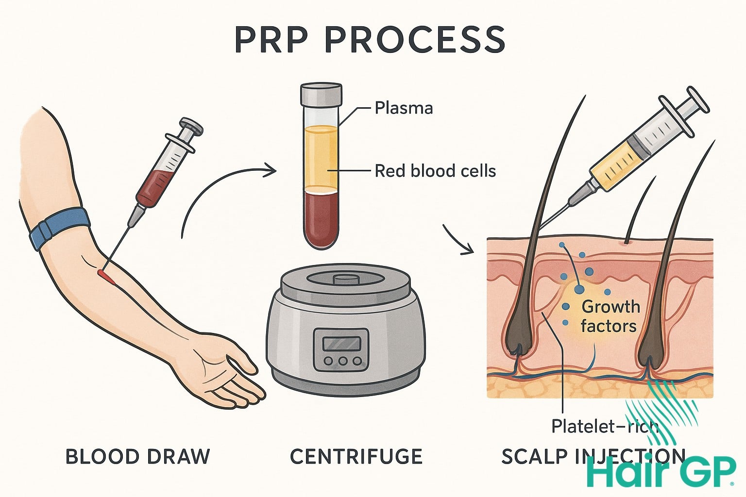 Diagram showing PRP therapy process for hair loss treatment from blood draw to scalp injection