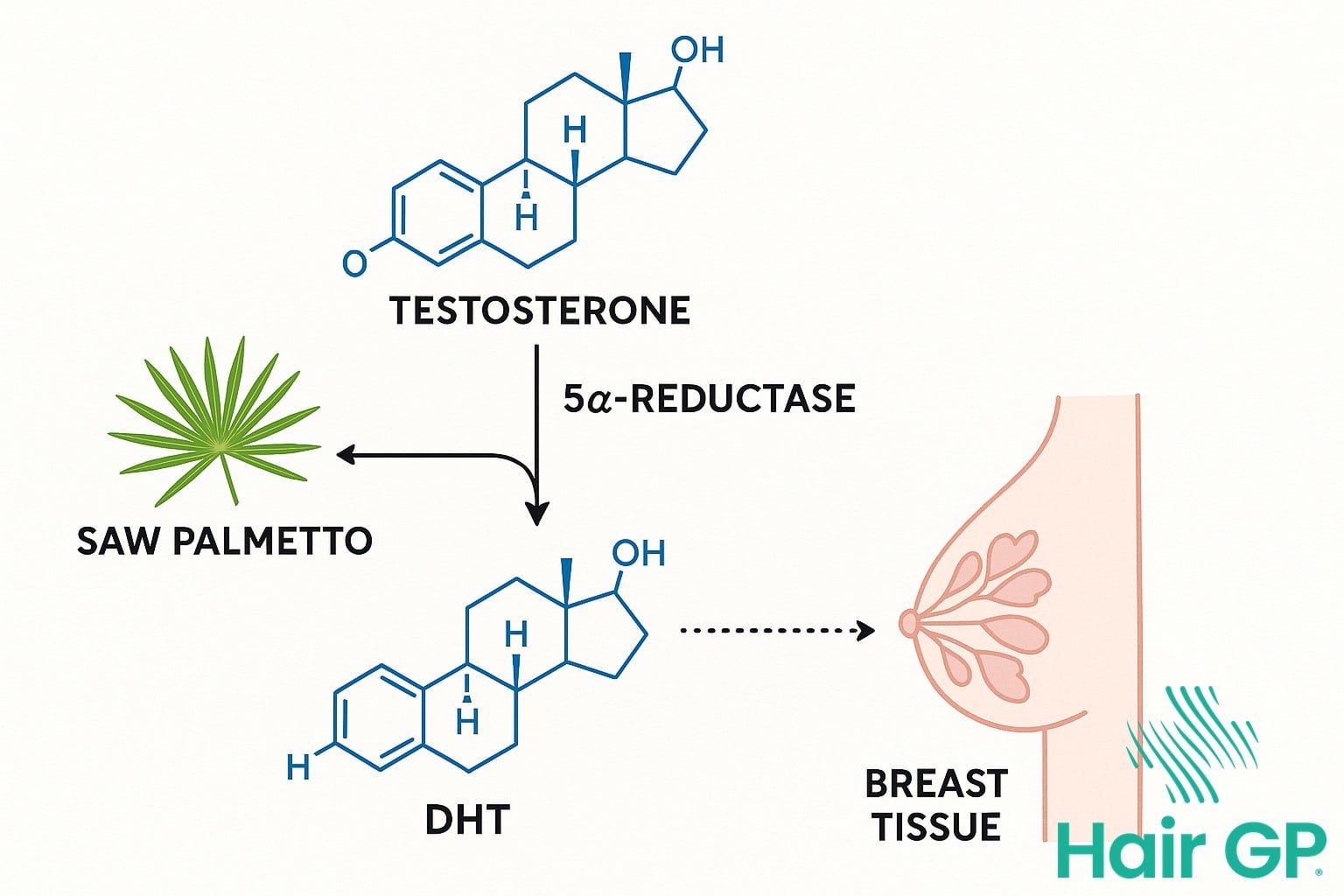 Diagram showing how saw palmetto affects hormone pathways relevant to breast cancer