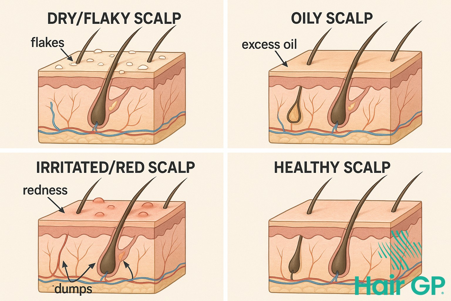 Illustration of various scalp conditions during chemotherapy treatment