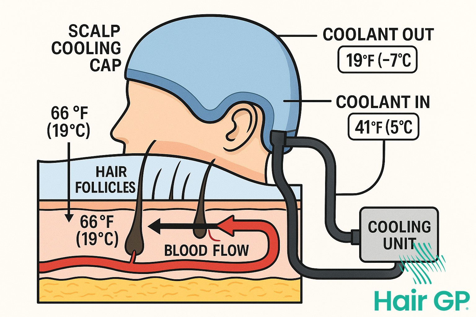 Diagram explaining how scalp cooling works during chemotherapy
