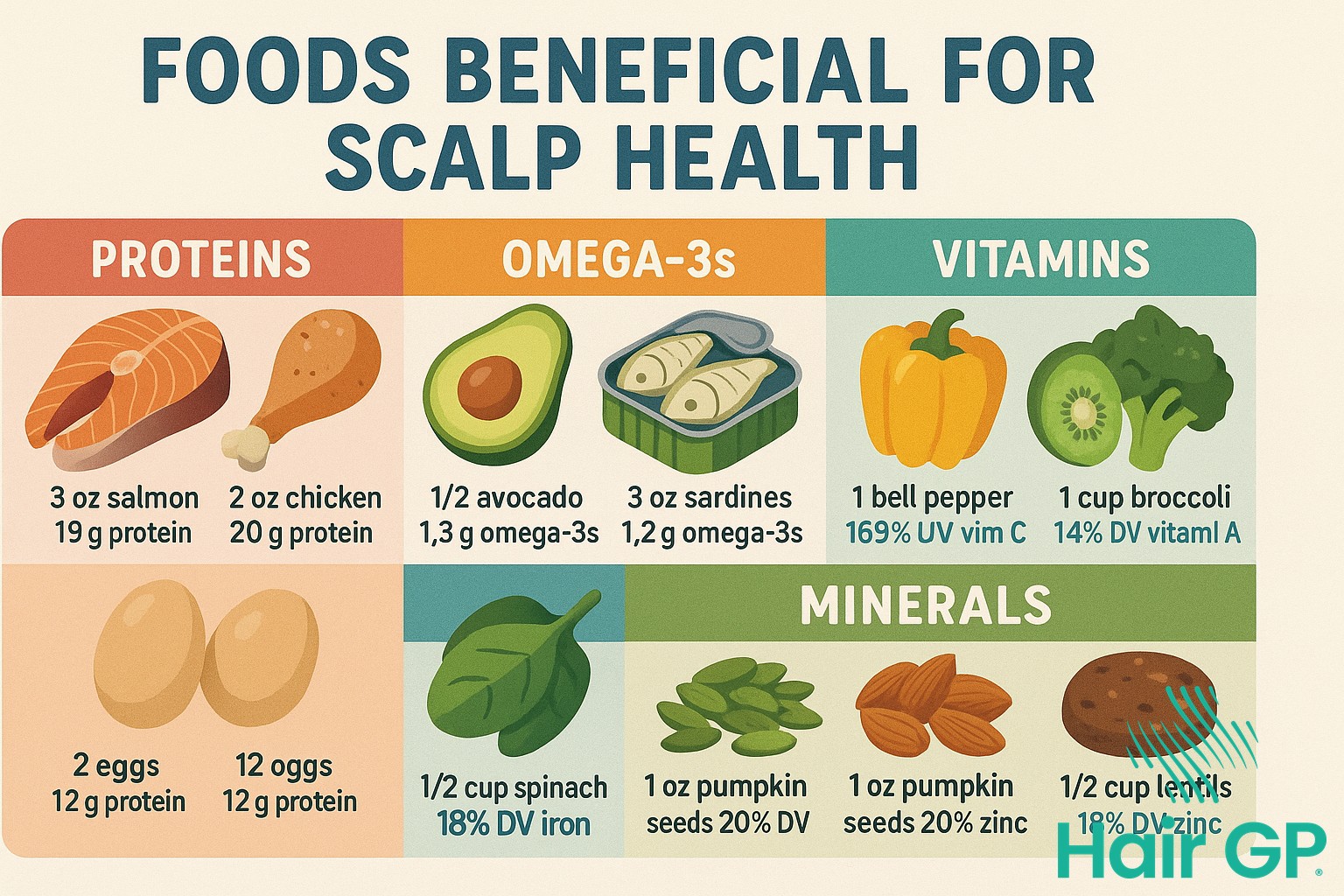 Infographic of foods and nutrients supporting scalp health during chemotherapy