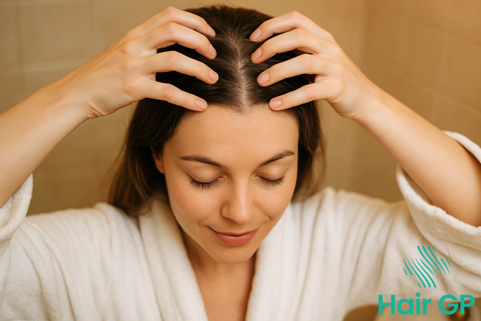 Woman performing scalp massage to promote hair growth and circulation