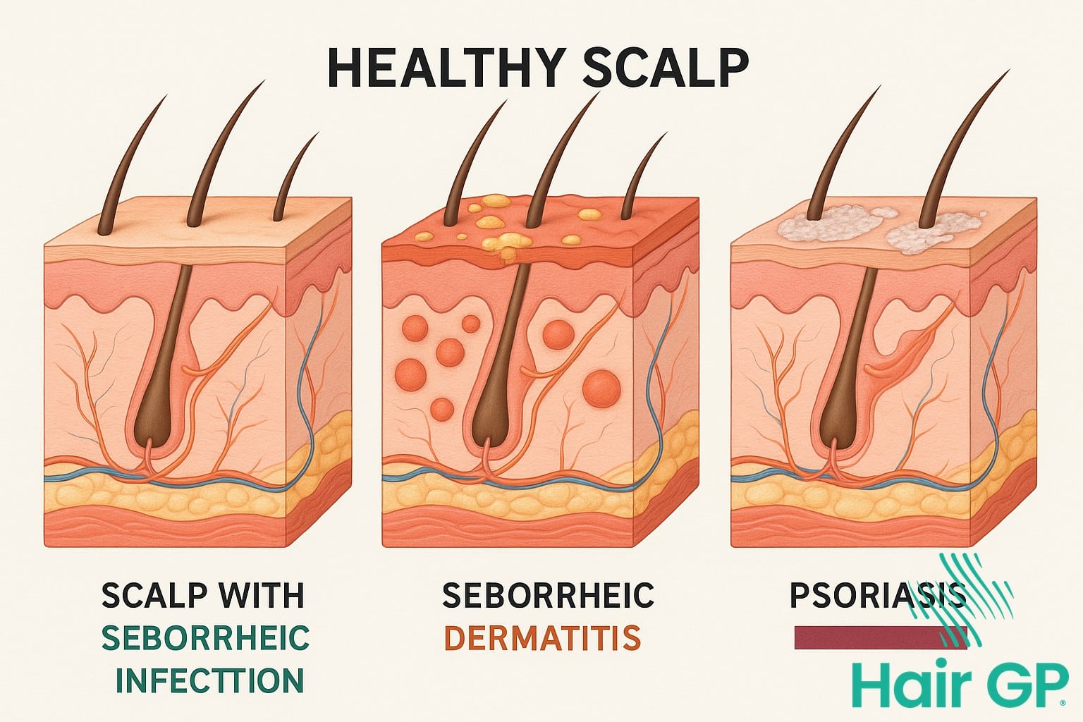 Diagram showing different scalp conditions causing odor including seborrheic dermatitis and fungal infections