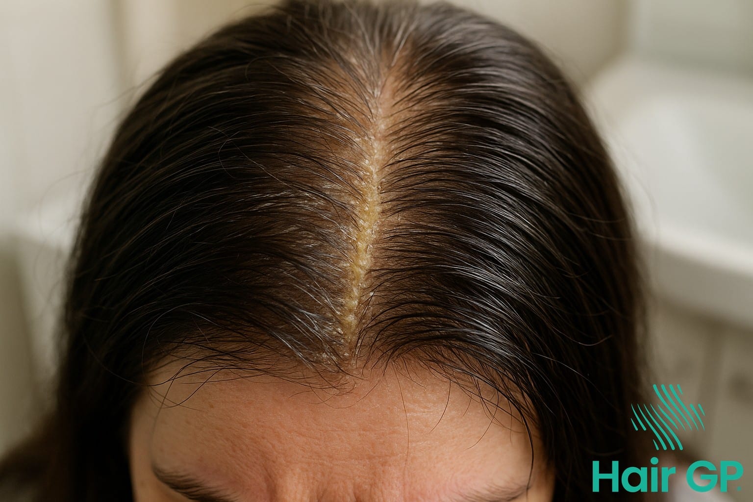 Close-up of scalp showing oil buildup and product residue causing smell