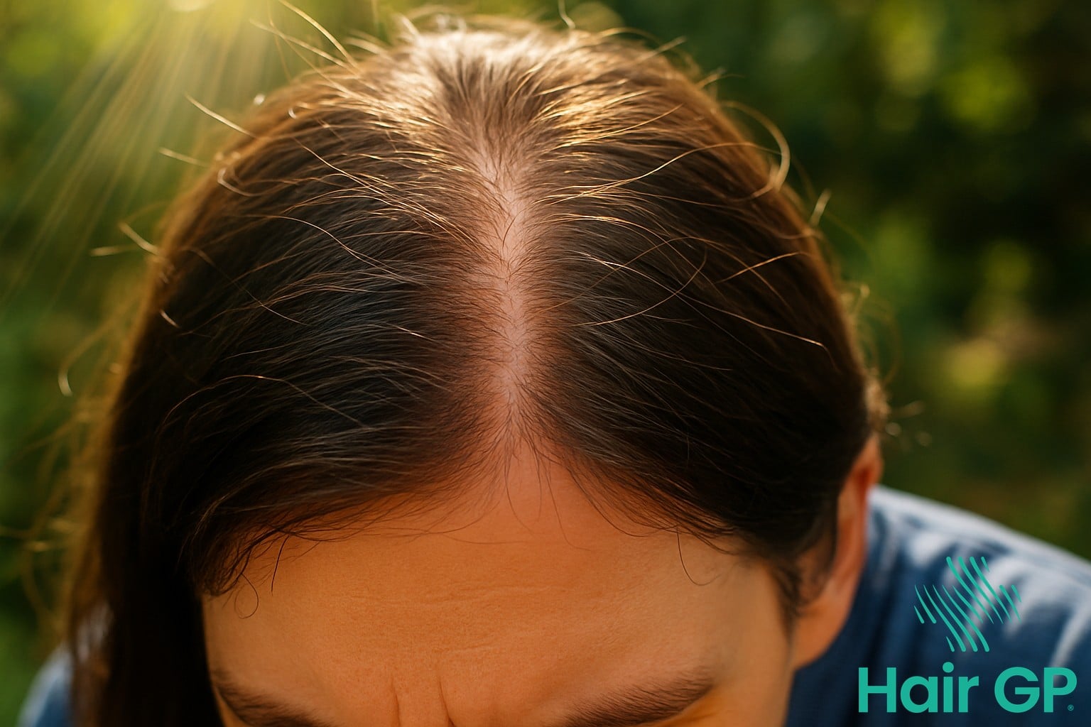 Close-up of scalp parting line exposed to sunlight showing vulnerable skin needing sun protection
