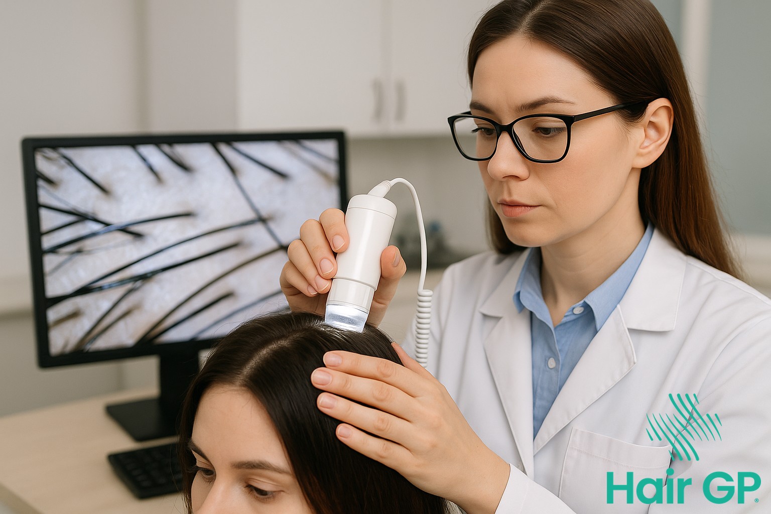 Doctor performing scalp analysis during stem cell hair treatment consultation