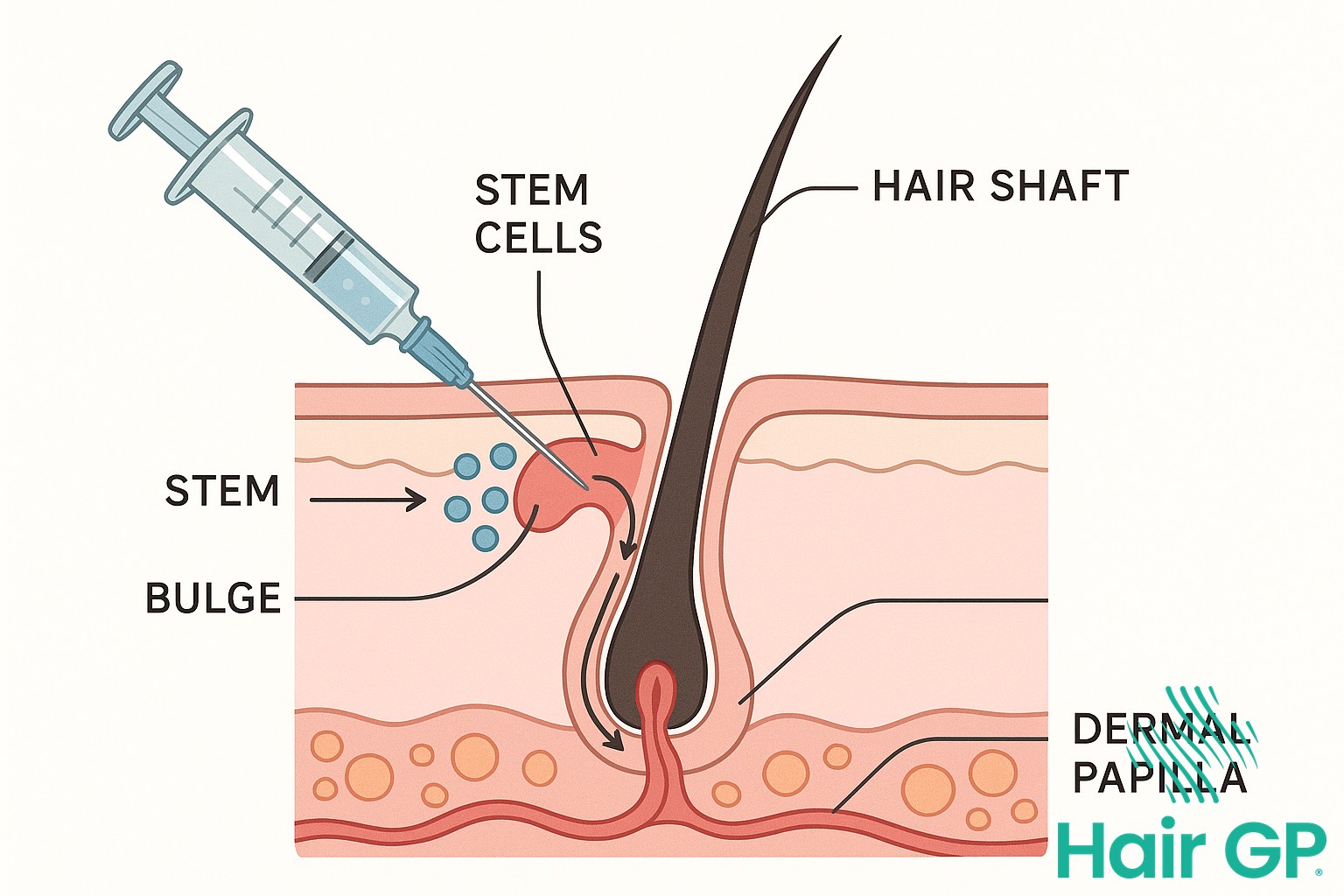 Diagram showing how stem cells regenerate hair follicles in scalp tissue