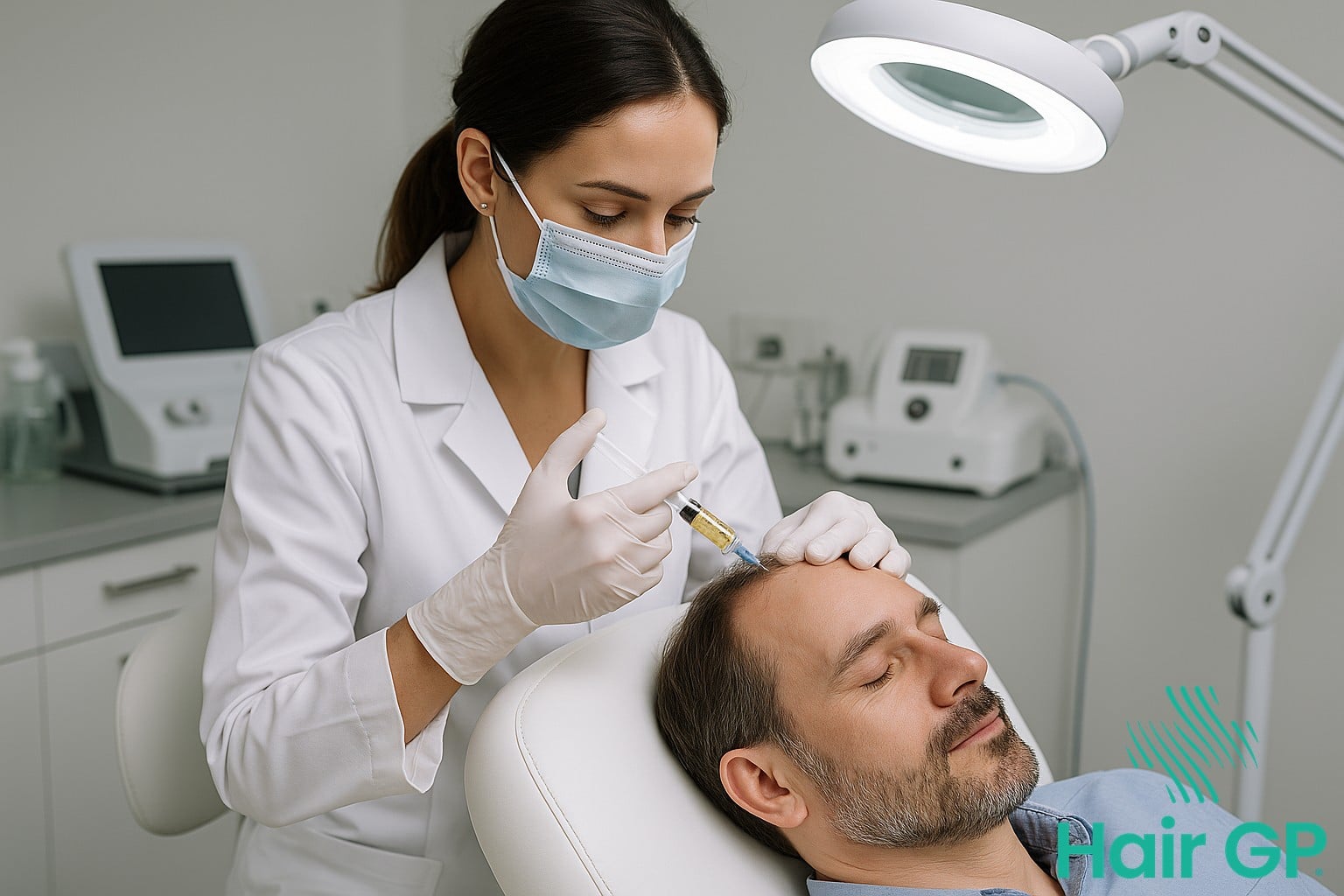 Doctor performing stem cell therapy for hair loss on patient