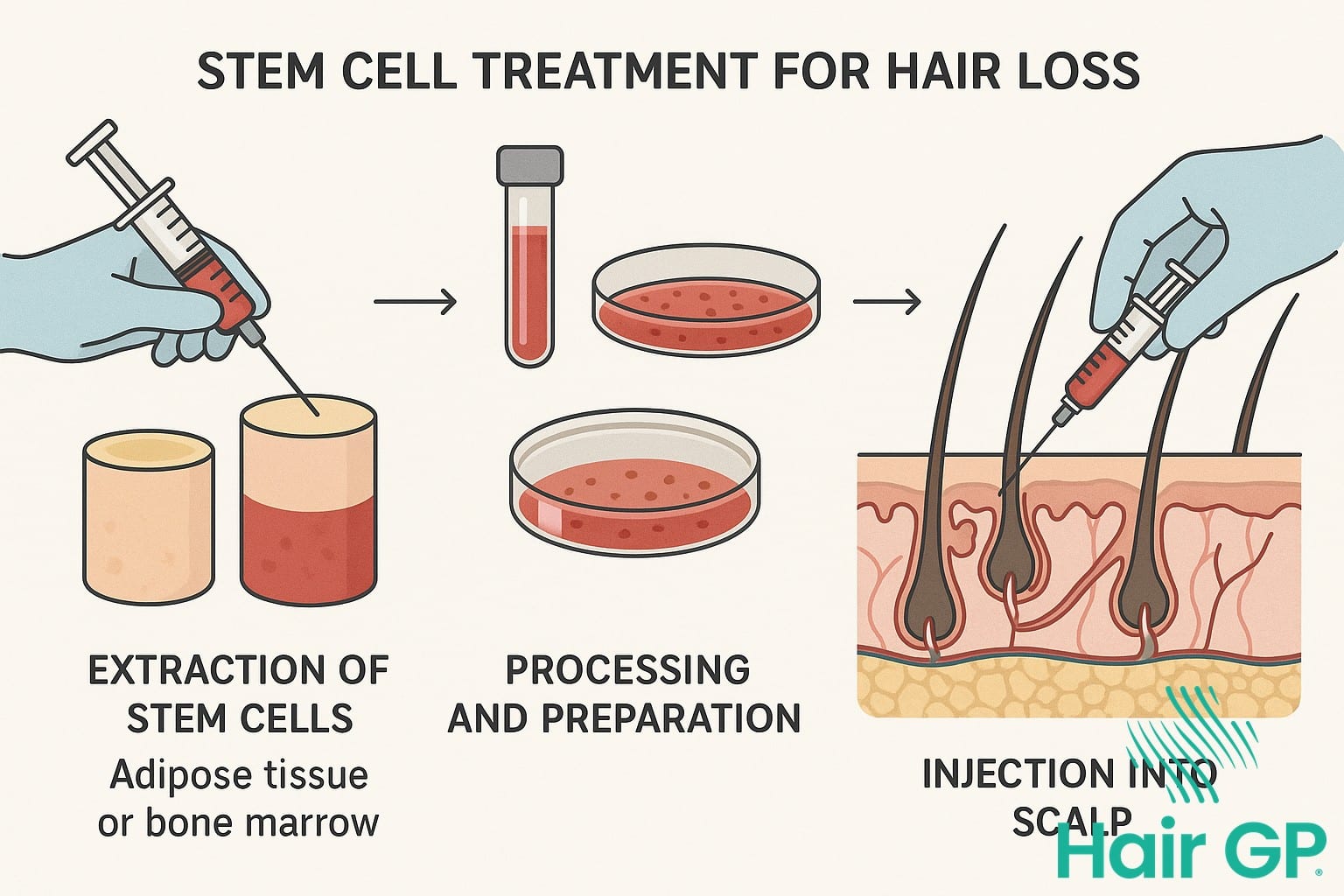 Diagram showing stem cell extraction, processing, and injection for hair restoration