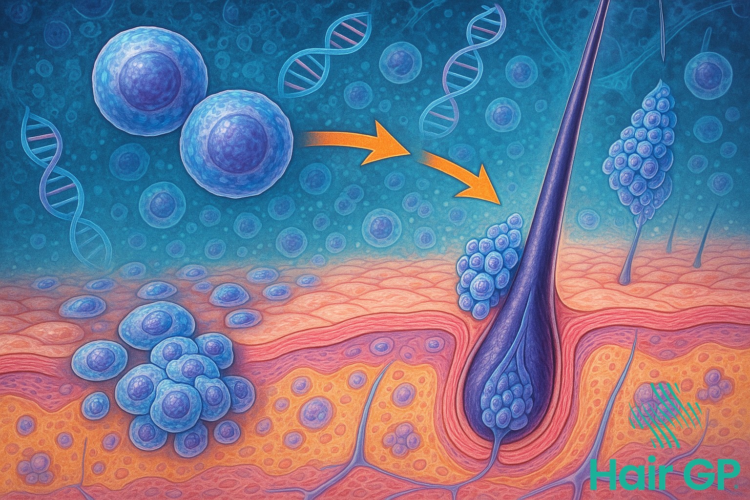 Stem cells transforming into hair follicles illustration showing cellular differentiation