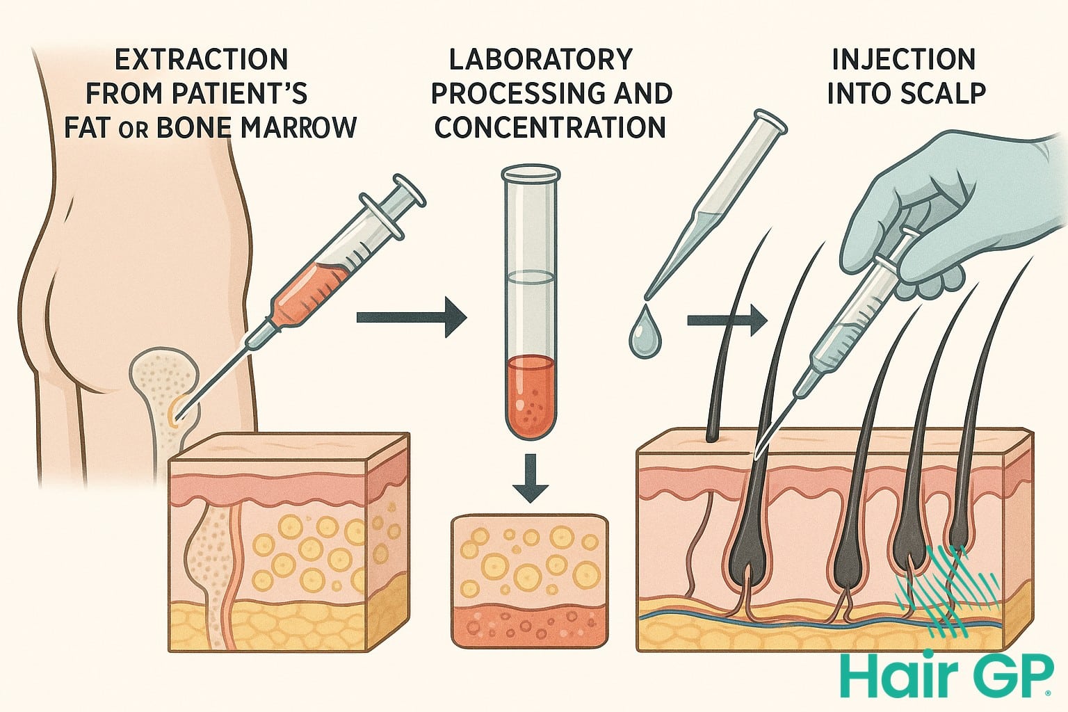 Diagram showing stem cell extraction and injection process for hair restoration treatment