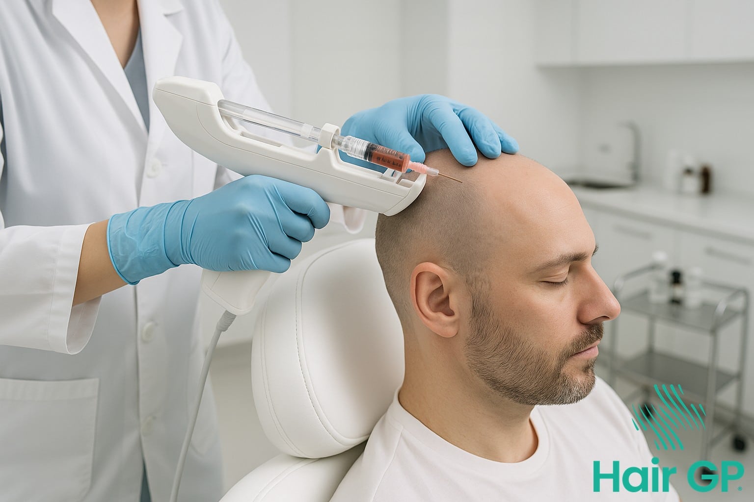 Doctor performing stem cell injection treatment for hair loss in Dubai clinic