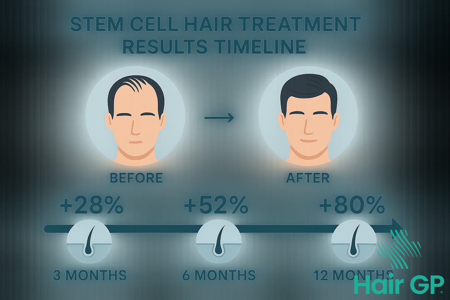 Infographic showing stem cell hair treatment results and effectiveness timeline