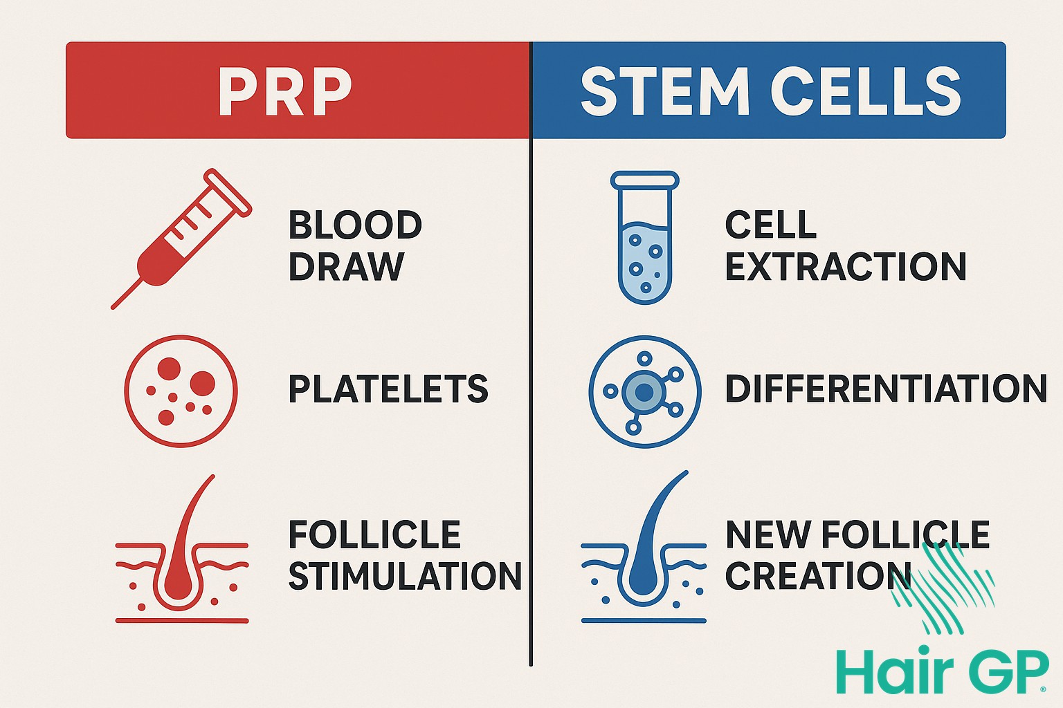 Infographic comparing stem cell therapy and PRP treatment for hair restoration