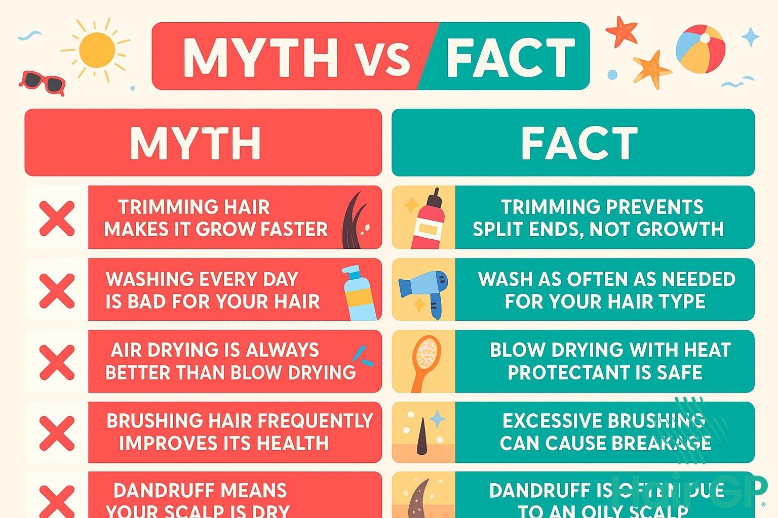 Infographic busting common summer hair care myths with scientific facts
