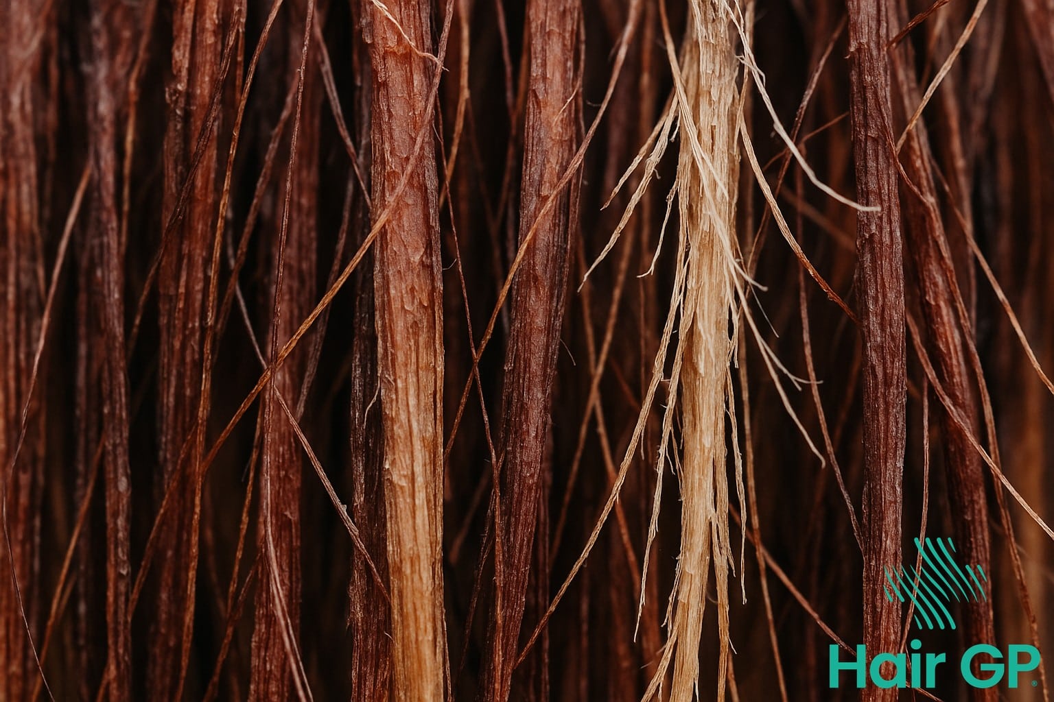 Macro view of sun-damaged hair showing lifted cuticles and brittle texture