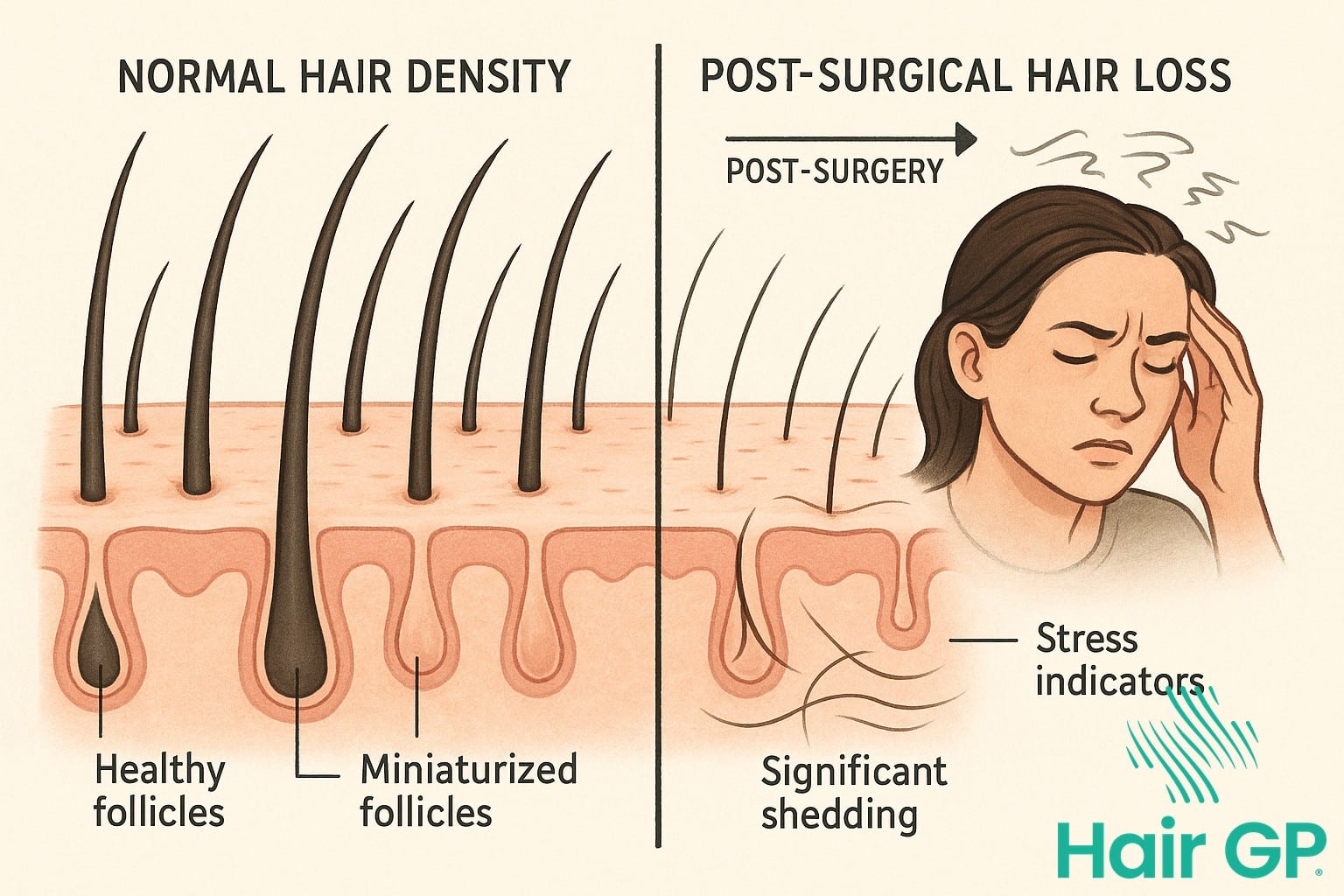 Medical illustration comparing normal hair density to surgical menopause hair loss