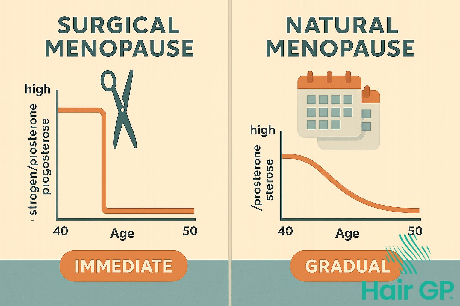 Infographic comparing hormone decline patterns in surgical versus natural menopause