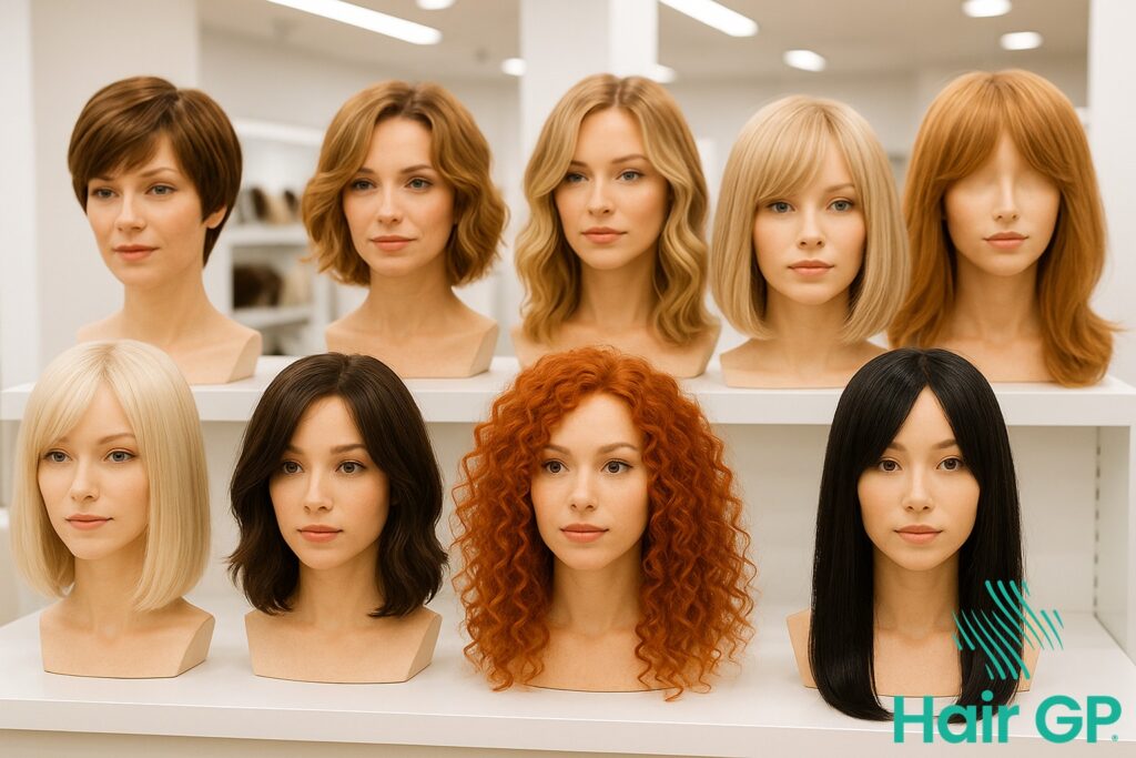 Collection of synthetic hair wigs in different styles for chemotherapy patients