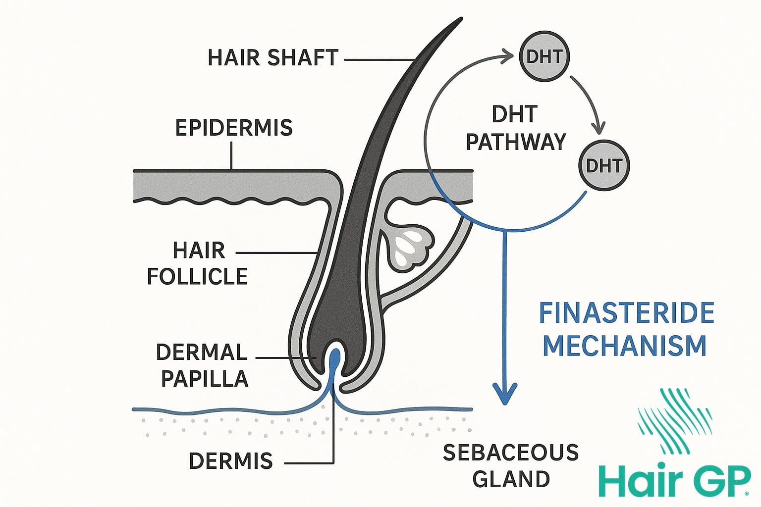 Diagram showing how topical finasteride blocks DHT at hair follicles