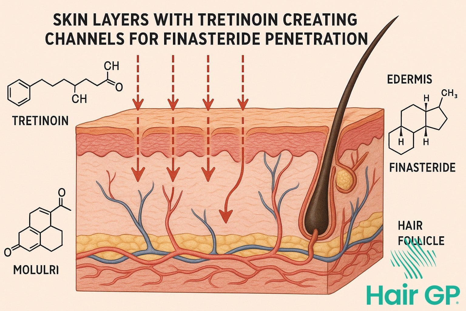 Diagram showing tretinoin enhancing finasteride skin penetration