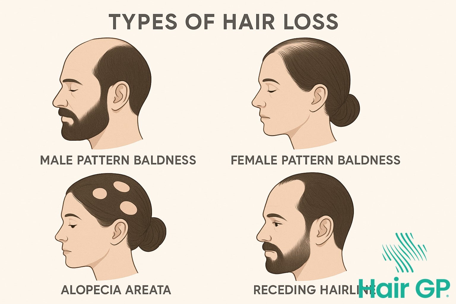 Illustration showing different types of hair loss conditions including male pattern baldness and alopecia areata