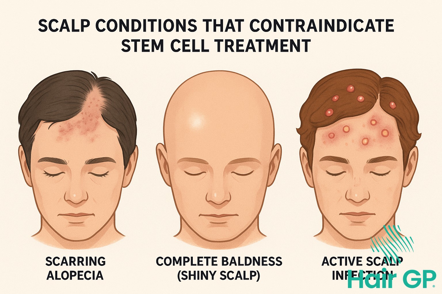Illustration of scalp conditions unsuitable for stem cell hair treatment