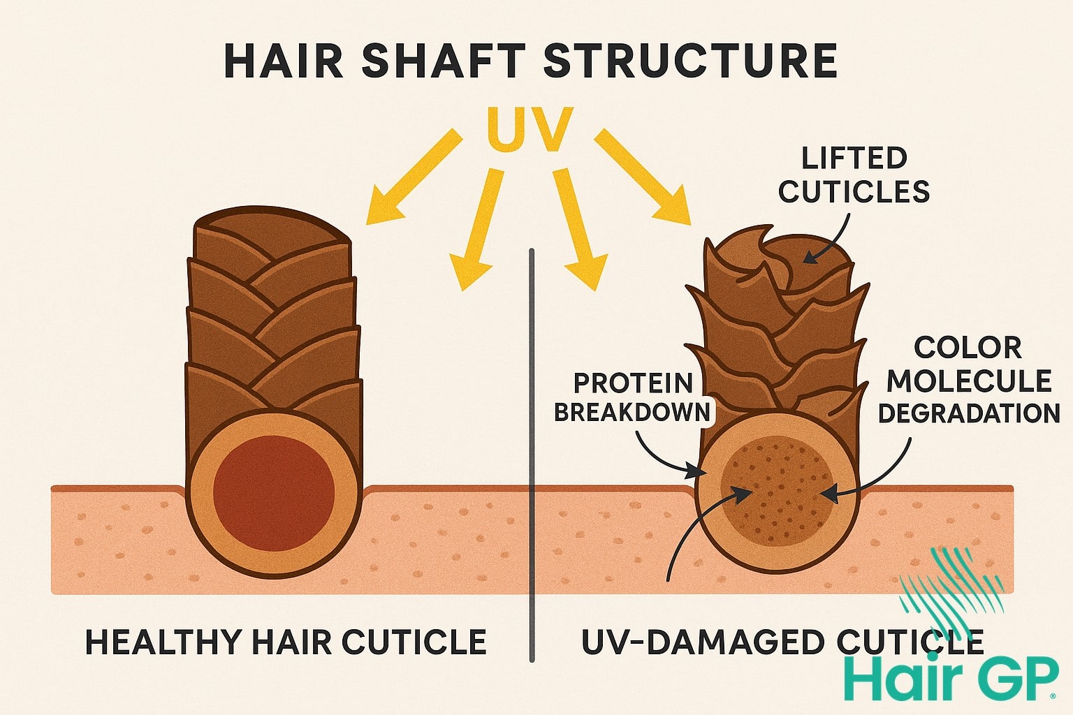 Diagram showing how UV rays damage hair cuticles and internal structure causing frizz and color fade