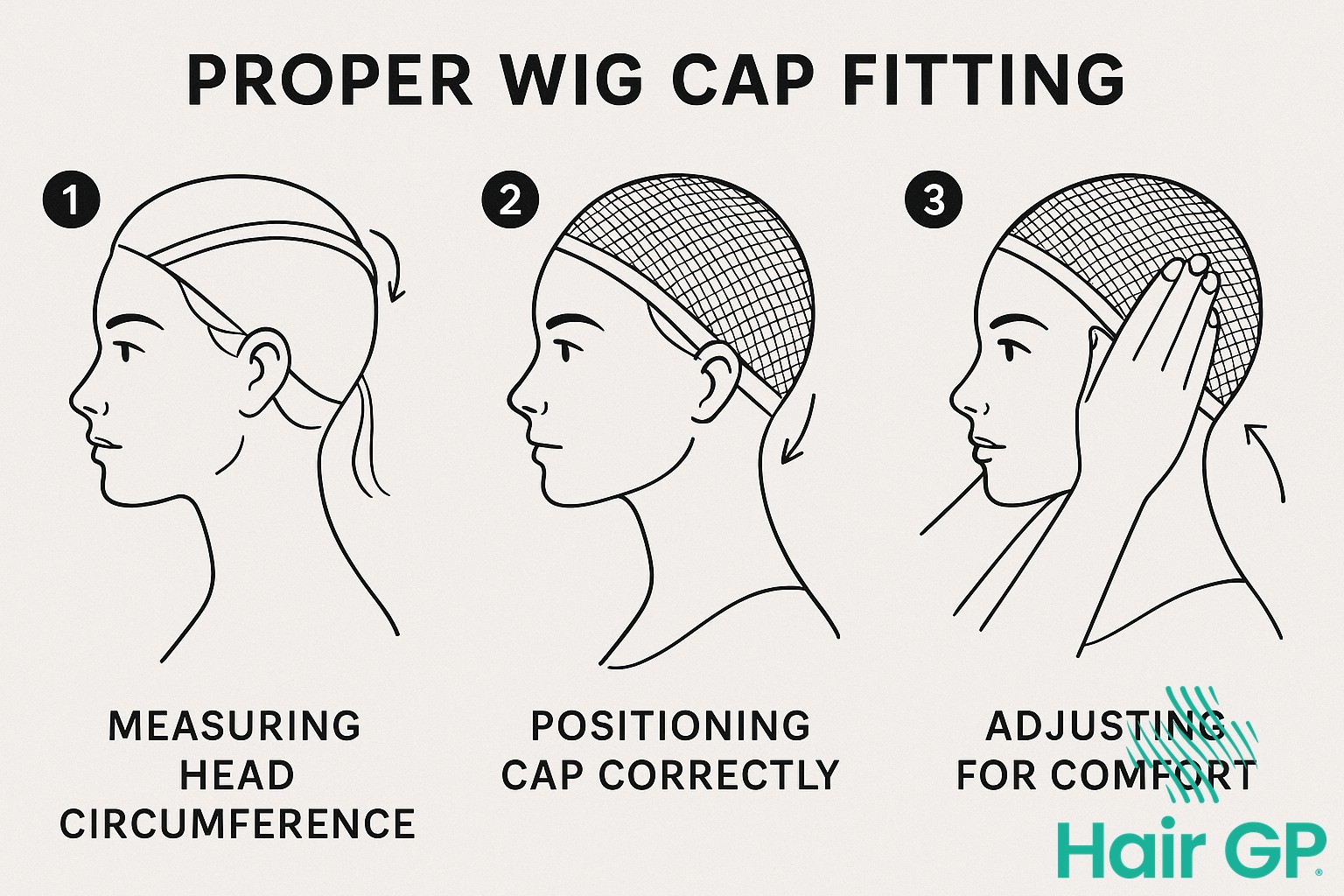 Step-by-step diagram showing how to properly fit a wig cap for chemotherapy patients