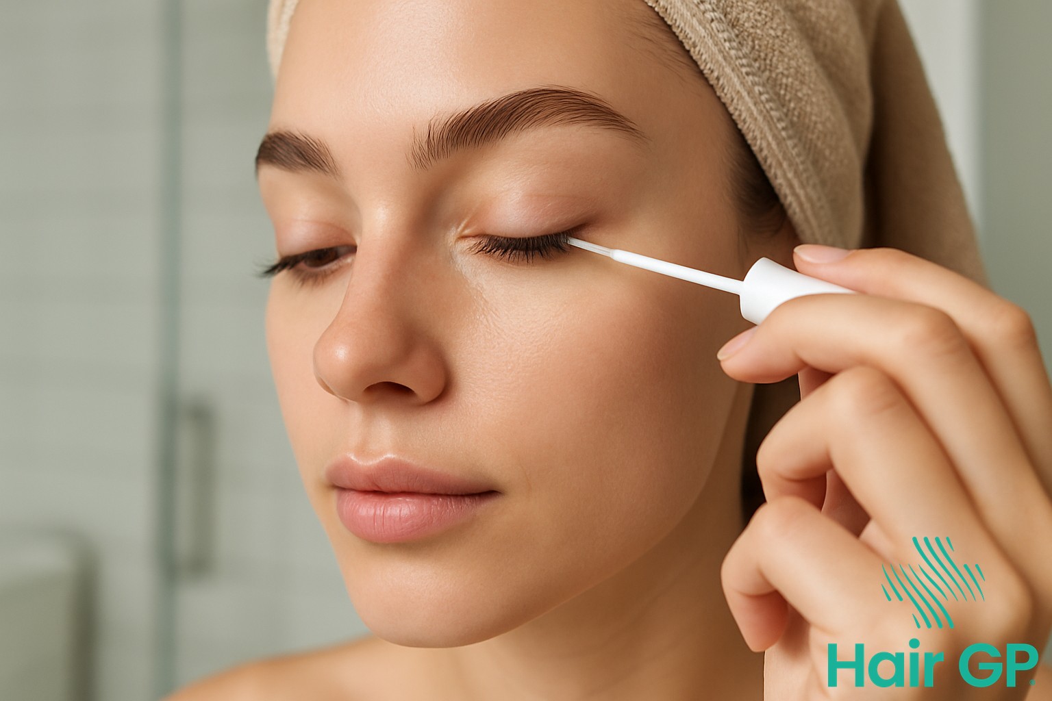 Woman applying lash growth serum to upper lash line with applicator brush