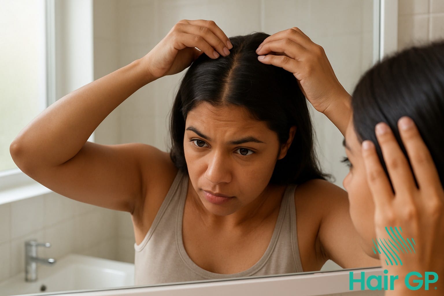Woman examining her scalp visibility to determine hair density type