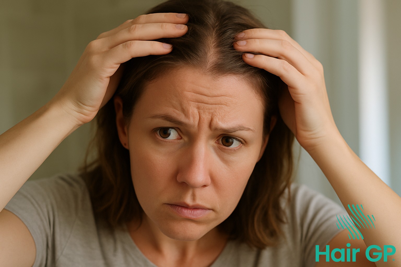 Woman in her 30s examining hairline for early signs of hair loss