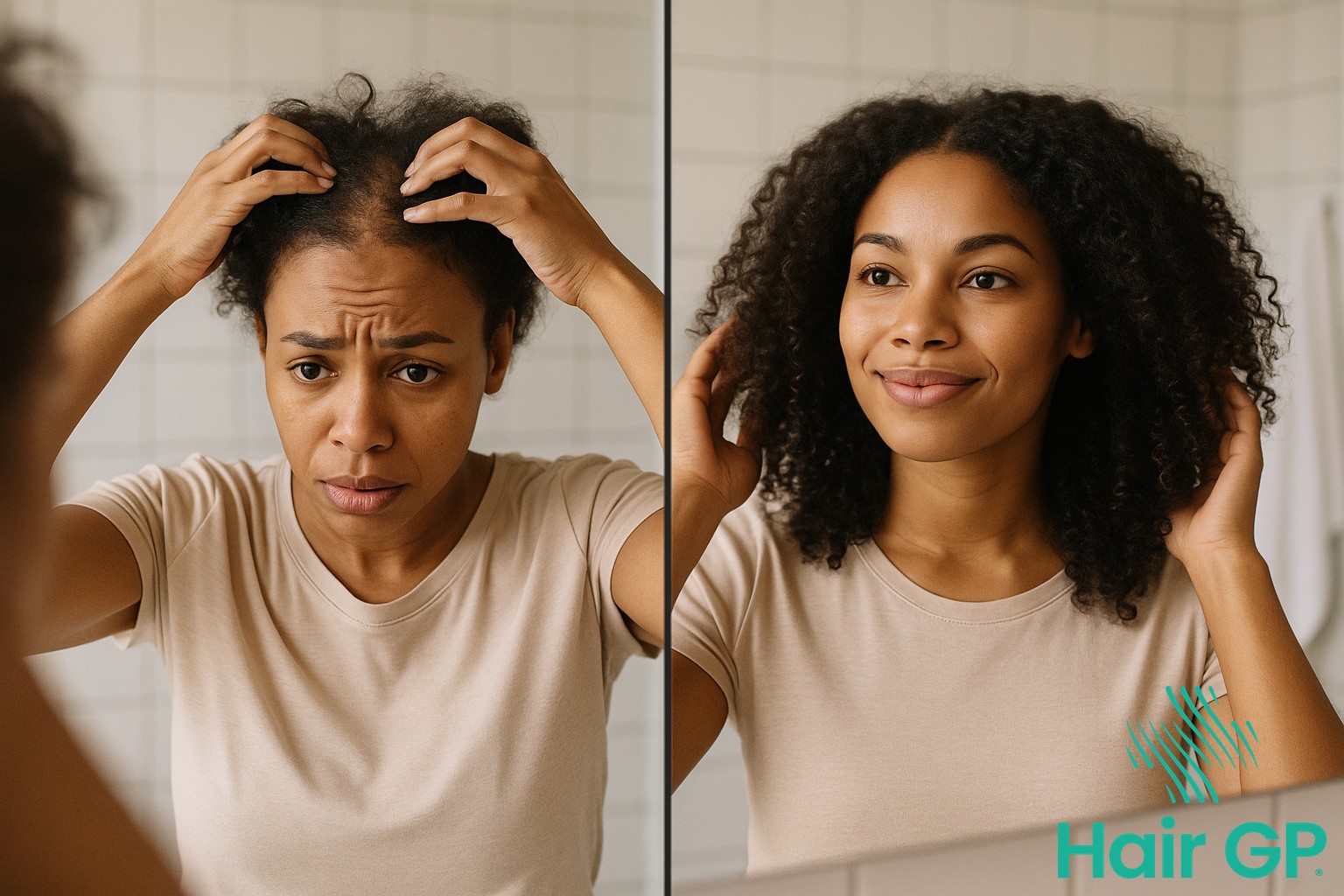 Woman checking hair thickness in mirror after Mirena insertion