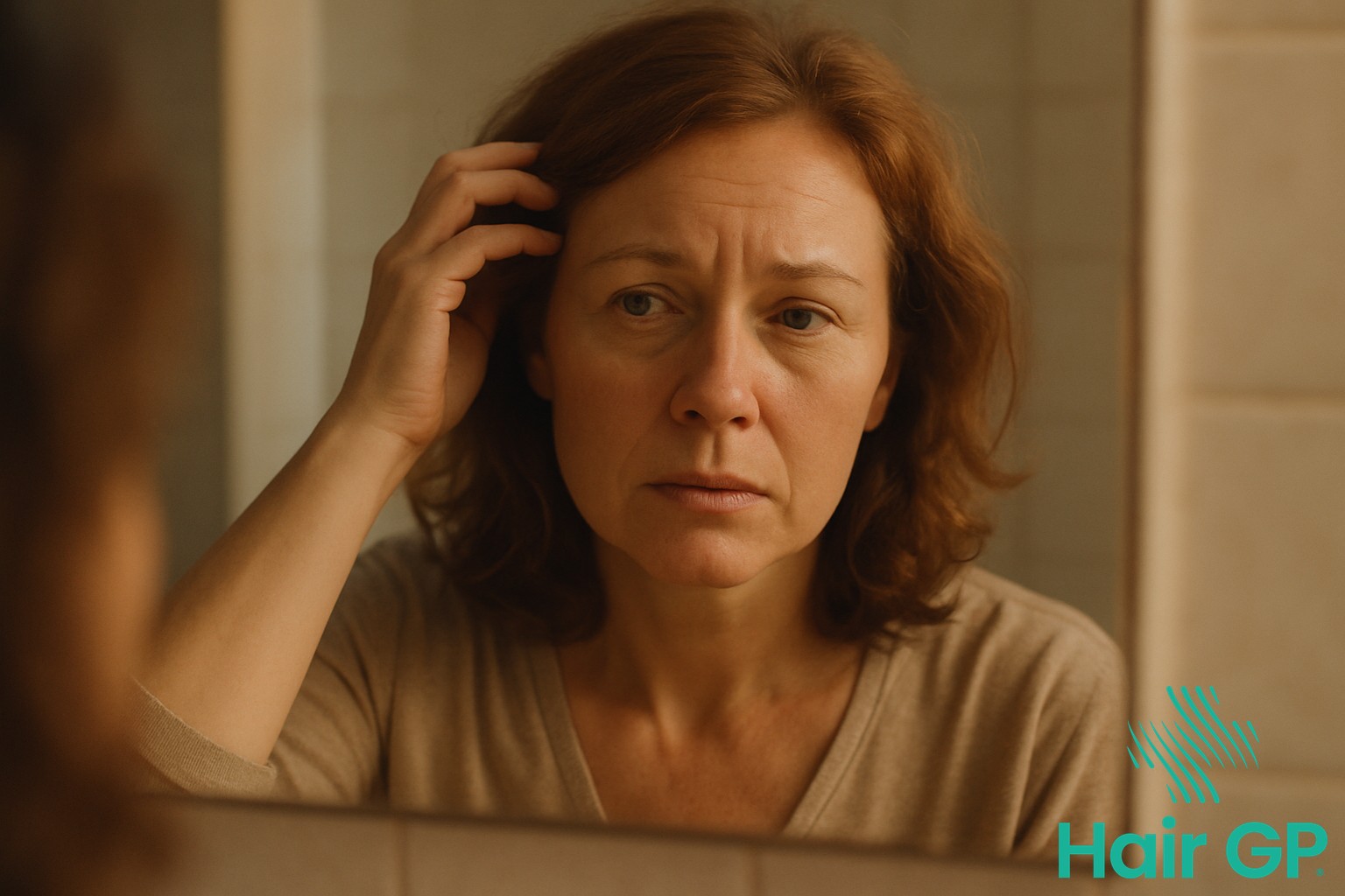 Middle-aged woman examining hair loss in mirror during menopause