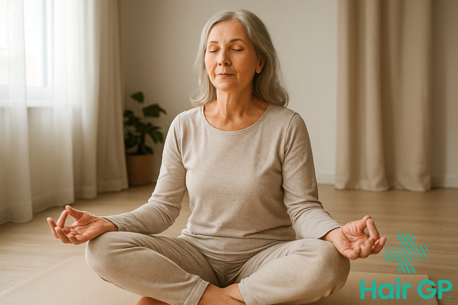 Woman practicing yoga for hot flash stress management