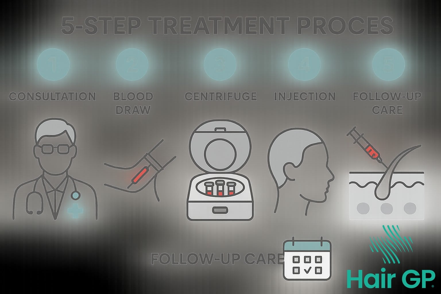 5-step infographic showing the ACP hair loss treatment process from consultation to follow-up