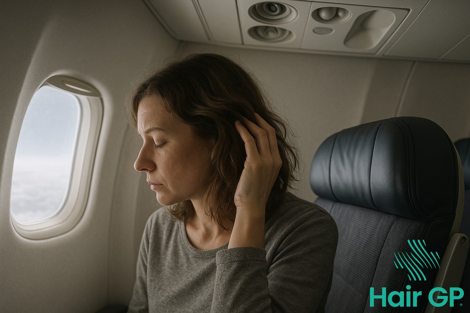 Airplane cabin interior showing dry environment affecting passenger hair health