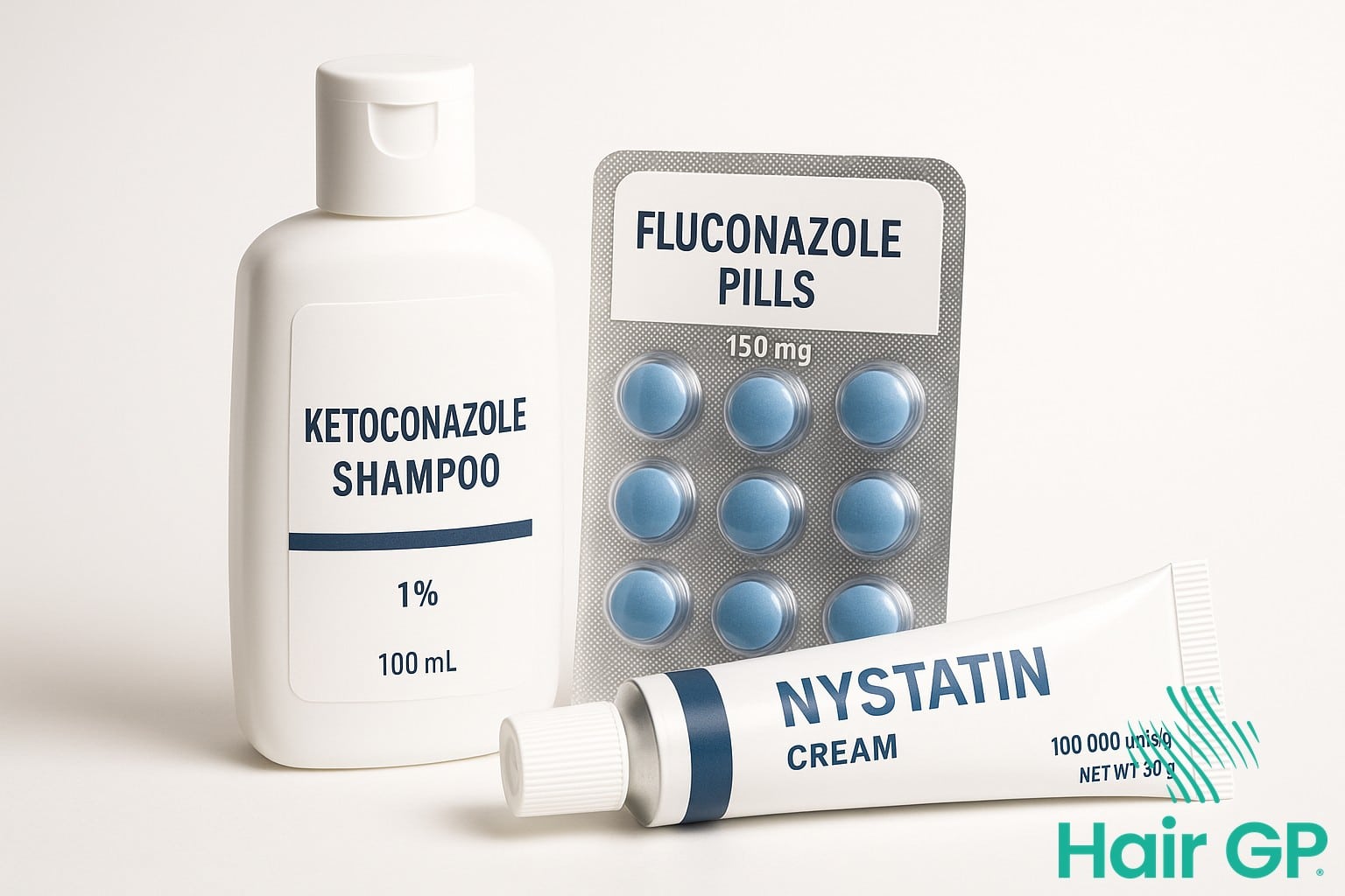 Antifungal medications including ketoconazole shampoo, fluconazole pills, and nystatin cream for scalp yeast treatment