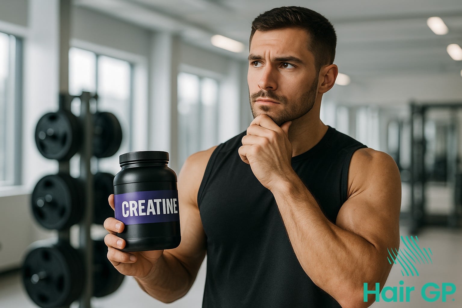 Athletic man in gym thoughtfully holding creatine supplement while considering usage